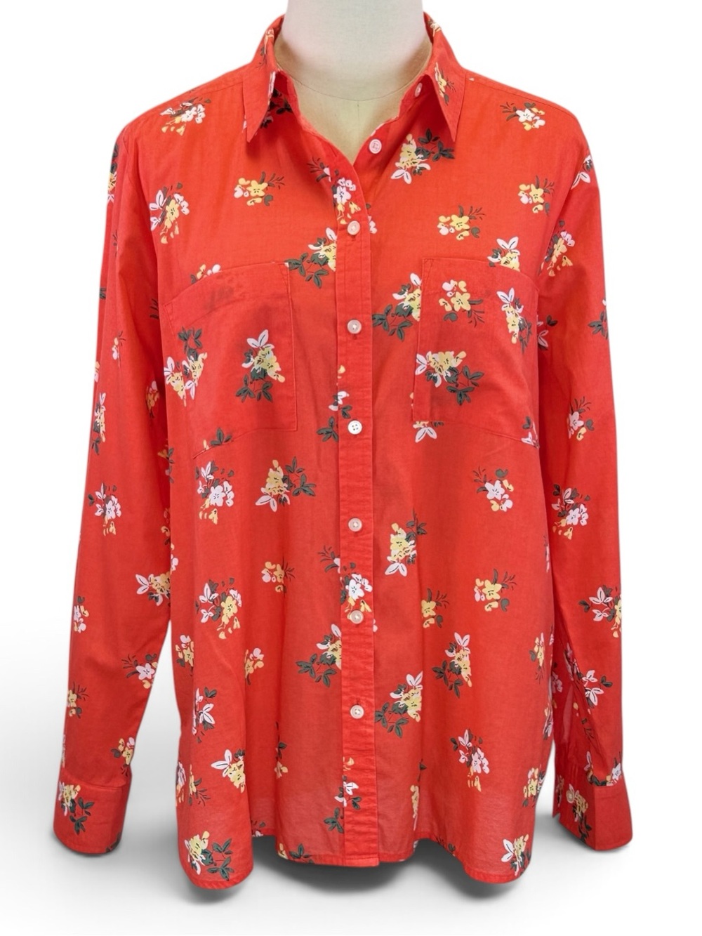 LOFT Women’s Coral Red Button Up Floral Long Sleeve Blouse Size M